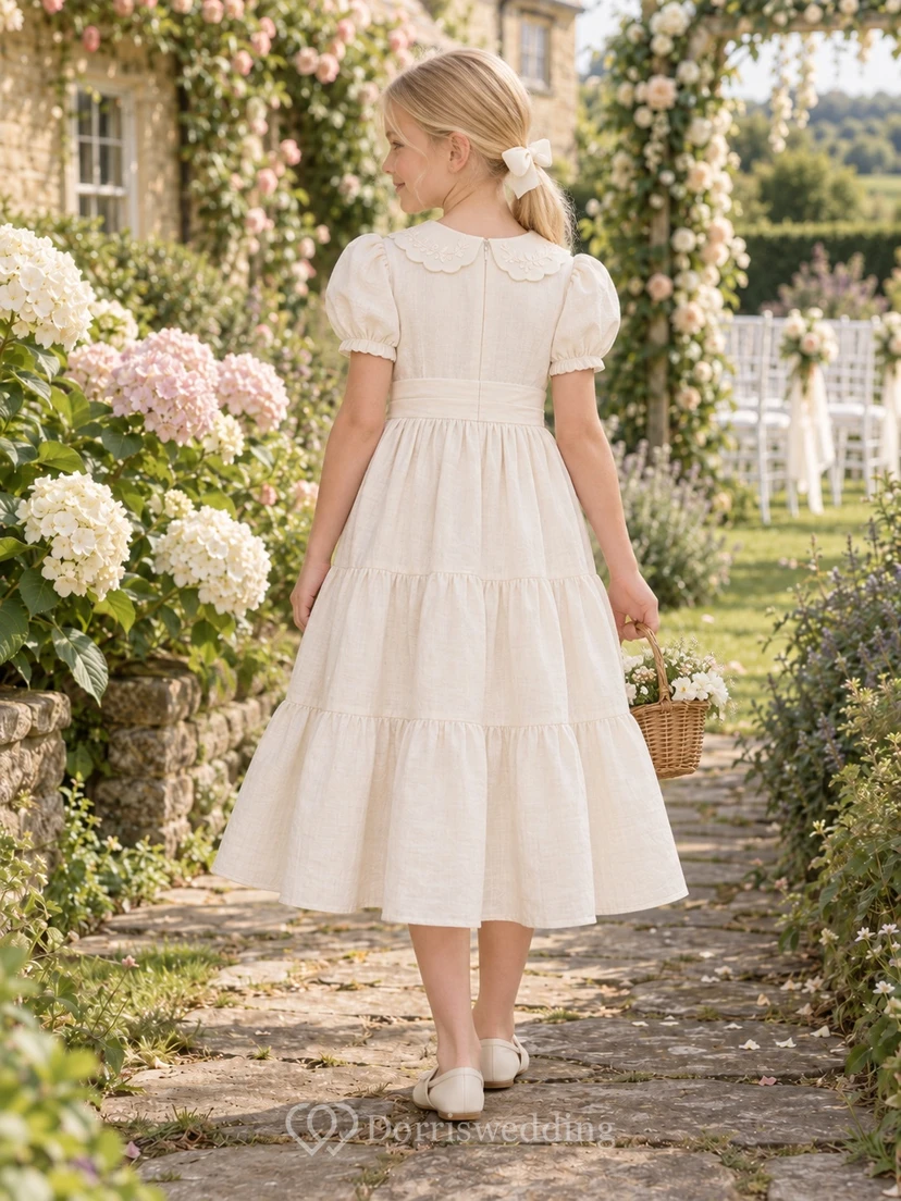 Tea-length Country Vintage Ivory A-line Collared Puff-sleeve Ruffle-hem Flower Girl Dress view 2