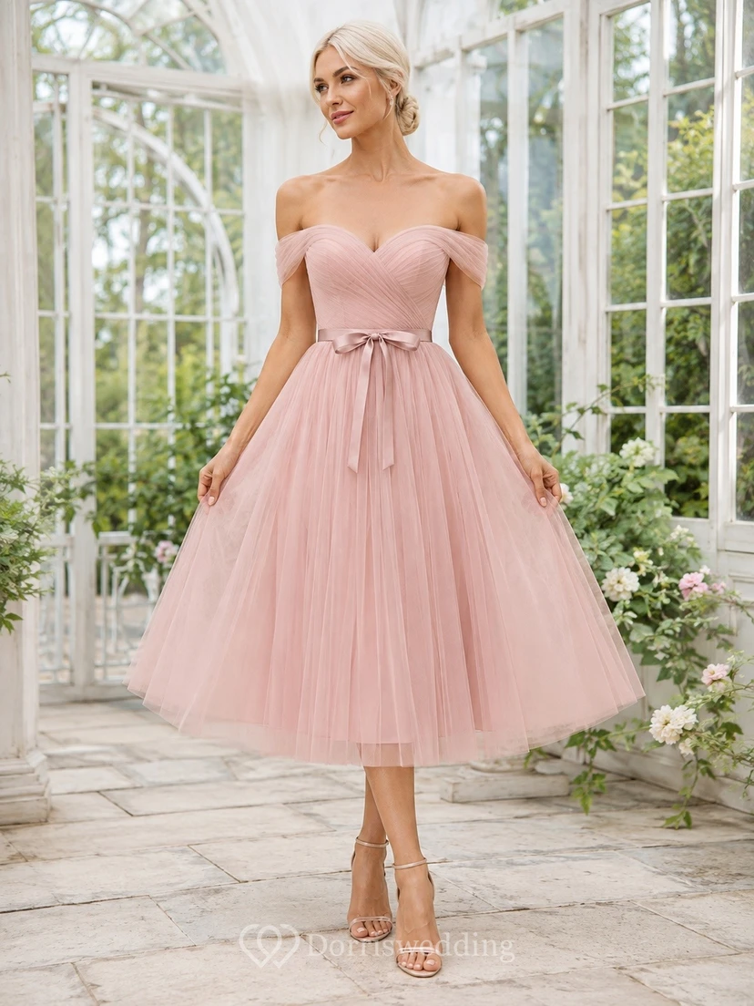 Blush Tulle Sweetheart Strapless Ball Gown Tea-length Prom Dress