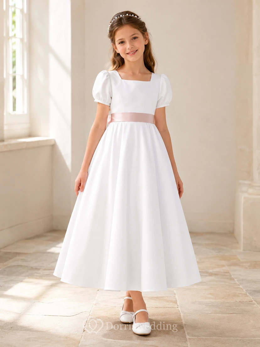 Robe de communion en satin à col carré et manches bouffantes, longueur cheville, col carré et manches bouffantes