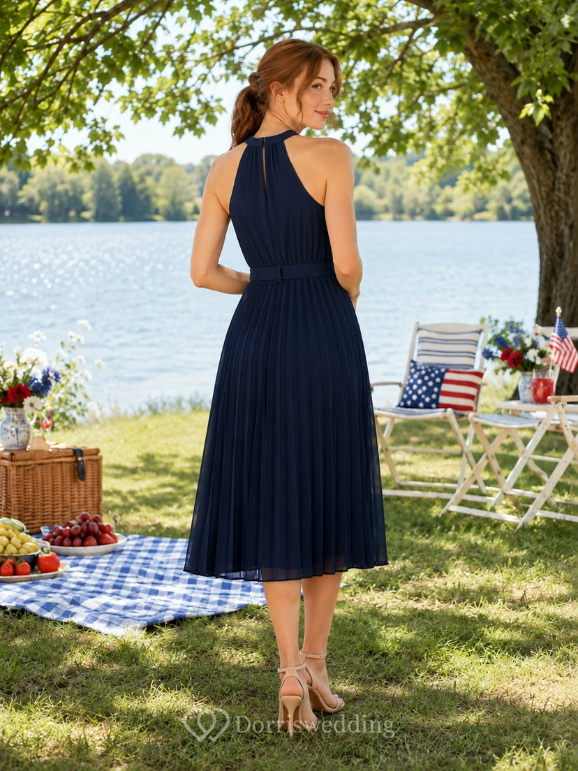 Navy Halter Pleated Chiffon Midi Summer Picnic Dress view 2