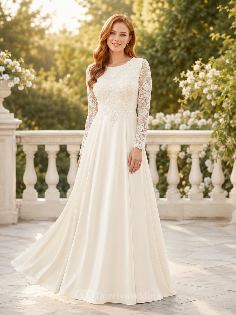 Robe de mariée trapèze à col montant et manches longues en dentelle, style temple, d'une élégance sobre.