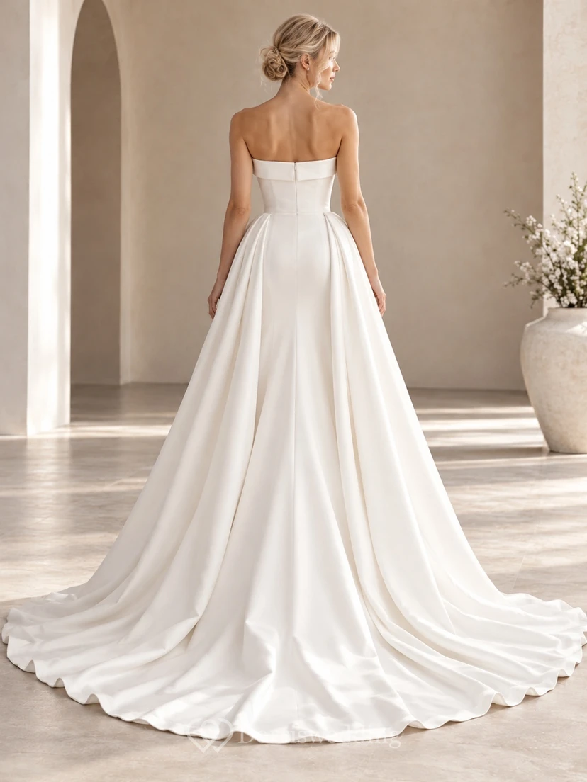 Simple Strapless Satin Split Skirt Court Train Wedding Dress view 2