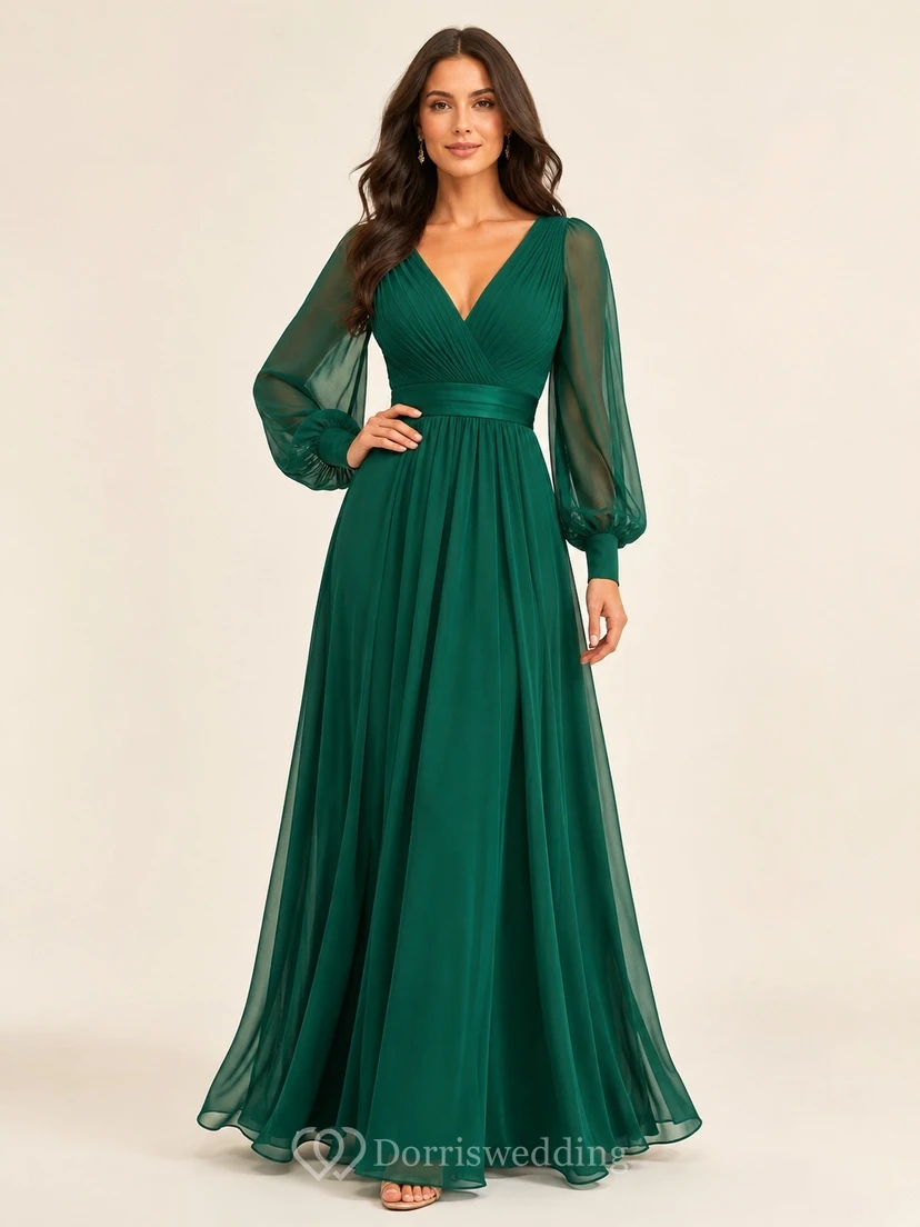 Vestido formal de gasa de corte A con escote en V y manga larga, color verde esmeralda