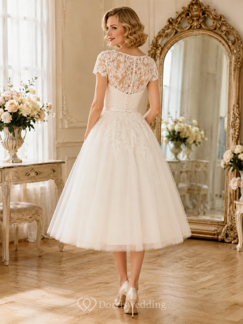 Retro Tea-Length Sweetheart Cap Sleeve Tulle Garden Vintage Wedding Dress view 2
