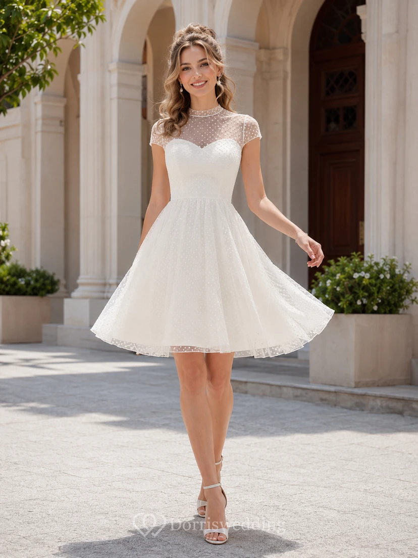 Romantic Knee-Length Bateau Cap Sleeve Tulle Civil A-Line Wedding Dress