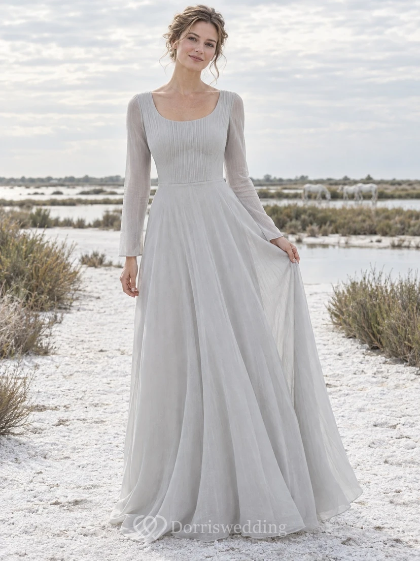 Vestido de novia sencillo gris, corte en A, escote redondo, mangas largas transparentes, largo hasta el suelo.