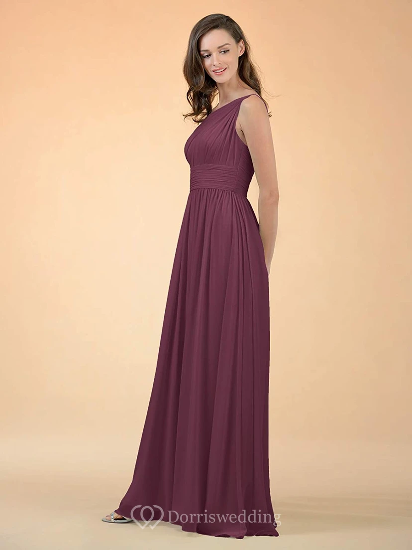 Elegantes, schulterfreies, bodenlanges Chiffon-Brautjungfernkleid in A-Linie mit Raffungen und A-Linien-Schnitt view 13