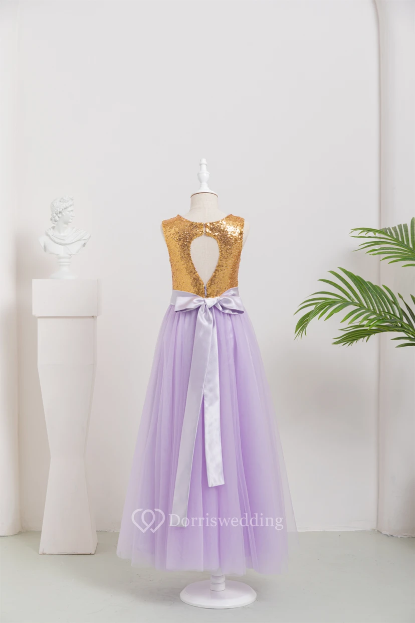 Two-Tone Scoop-neck Empire Tulle A-line Flowergirl Dress with Bow view 10