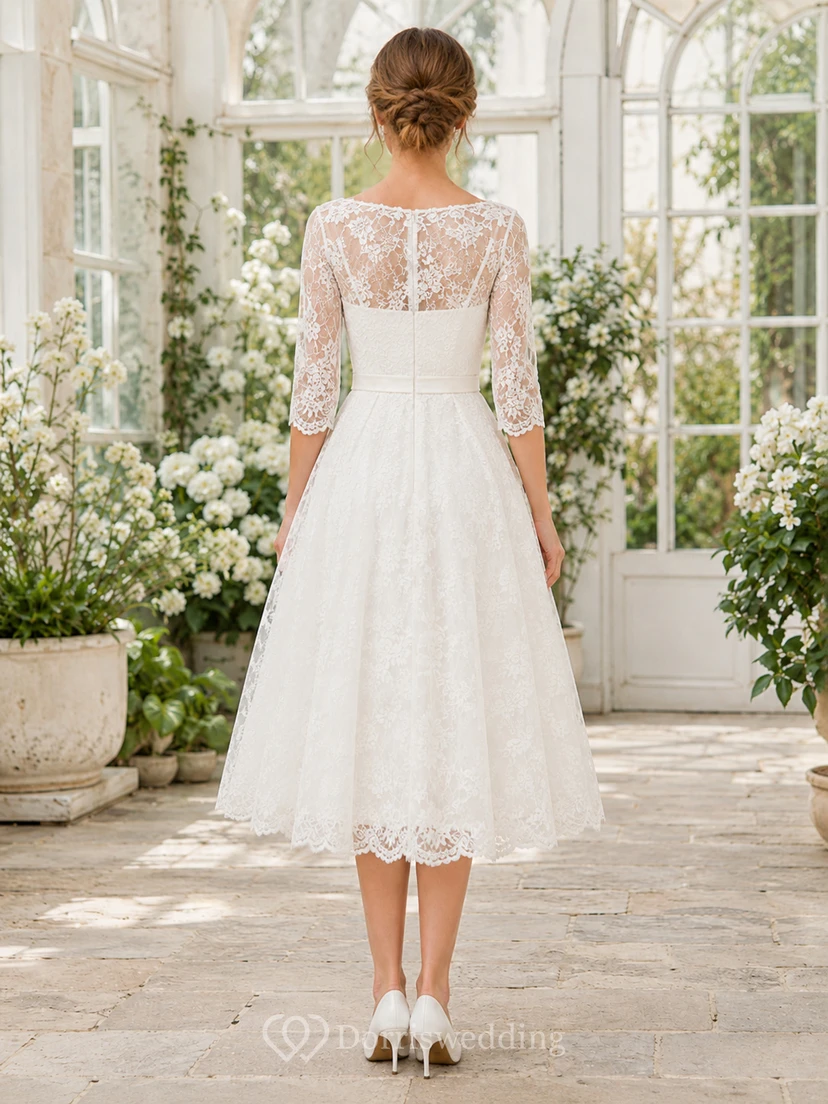 Vintage White Tea-Length Bateau Sweetheart Lace Sleeve Garden Dress Outdoor view 2