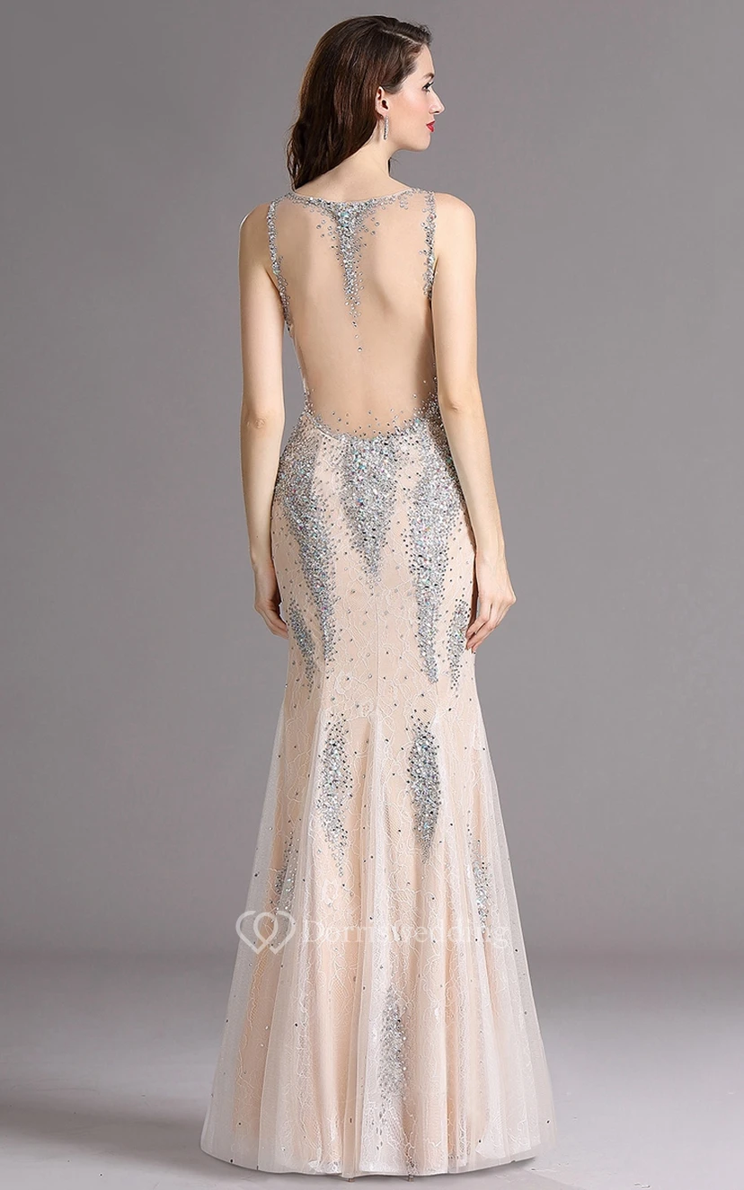 Sheath Bateau Sleeveless Tulle Beading Illusion Dress view 2