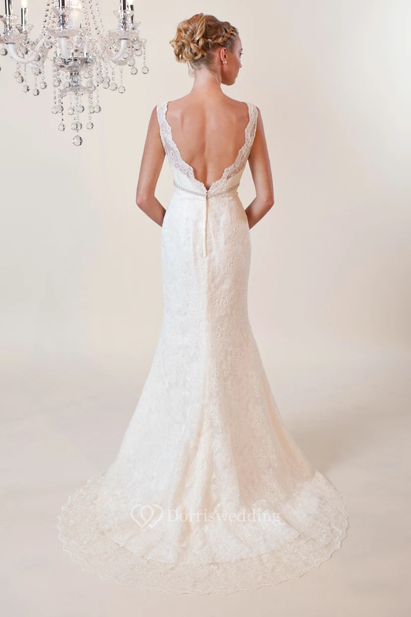 Trumpet V-Neck Appliqued Floor-Length Sleeveless Lace Wedding Dress With Deep-V Back And Waist Jewellery view 2