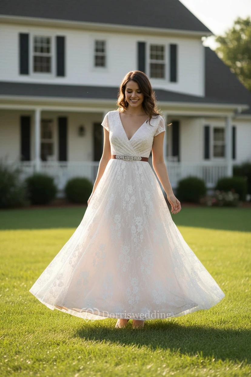 Simple Empire Lace Beach Gown view 3