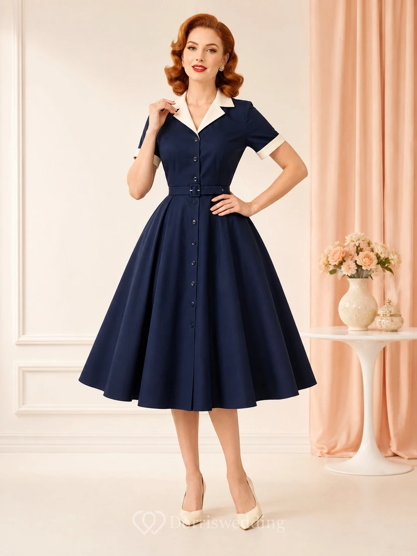 Robe-chemise vintage bleu marine foncé, col blanc, manches courtes et boutons, longueur thé