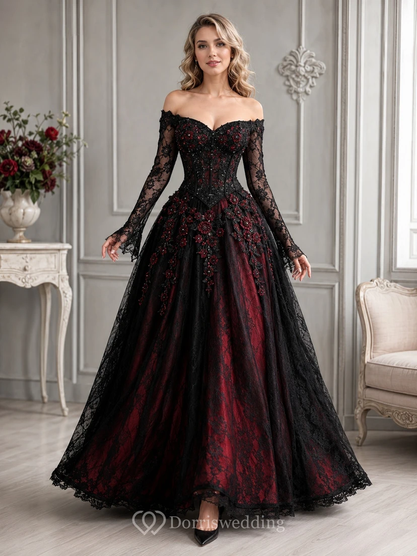 Vestido de gala formal de noche de terciopelo gótico negro y rojo con encaje y mangas largas