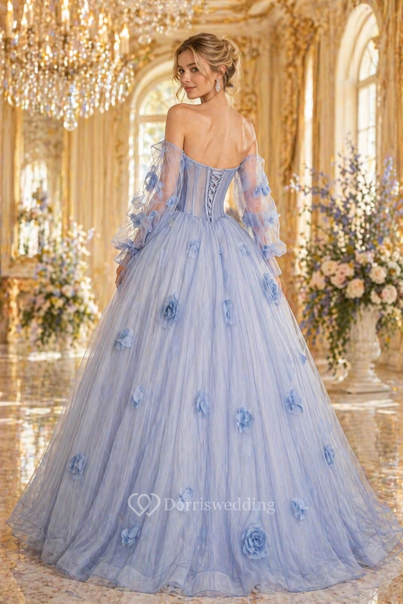 Robe de bal bustier bleu clair à fleurs view 2