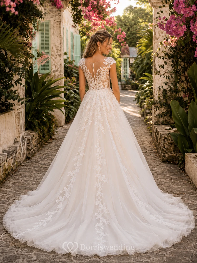 Robe de mariée champêtre en tulle et dentelle florale à manches courtes, coupe trapèze, traîne chapelle, manches courtes view 2