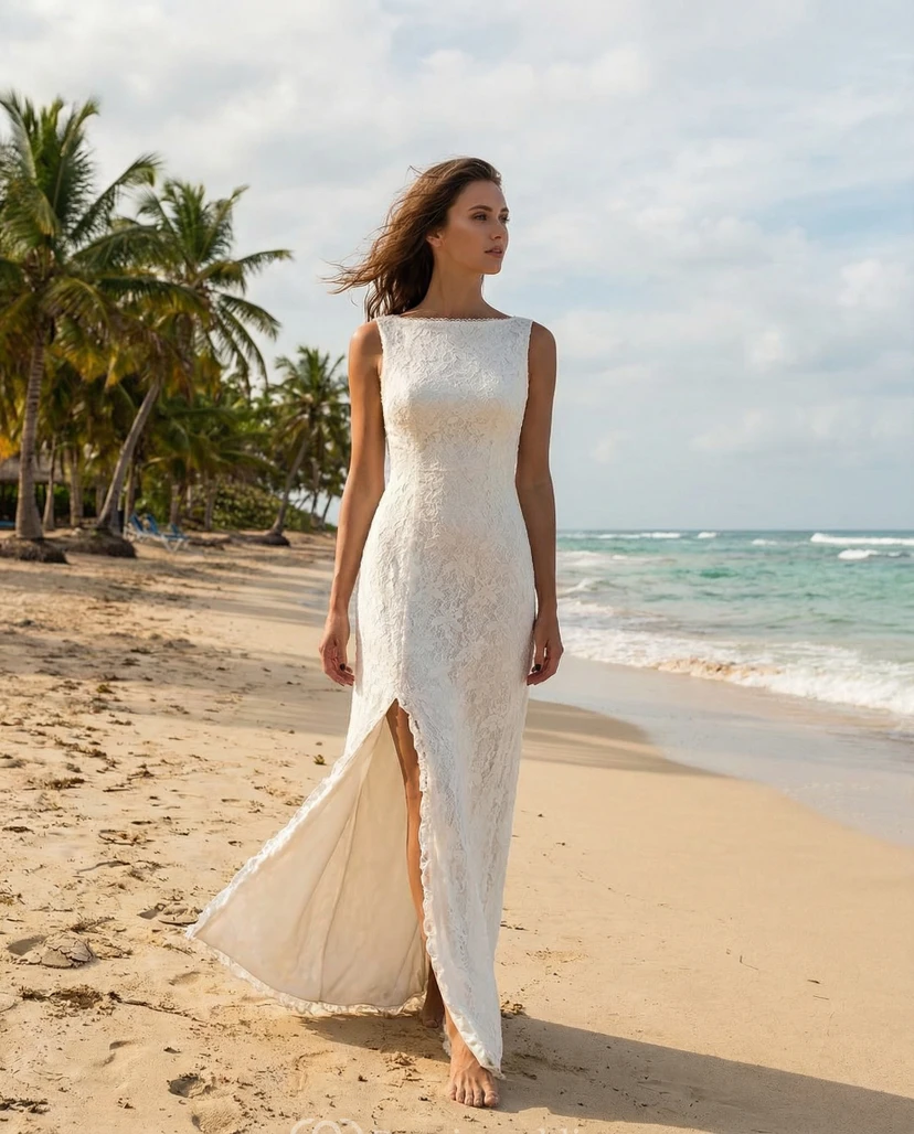 Robe de mariée fourreau en dentelle style plage, col montant et fente sur le devant view 3