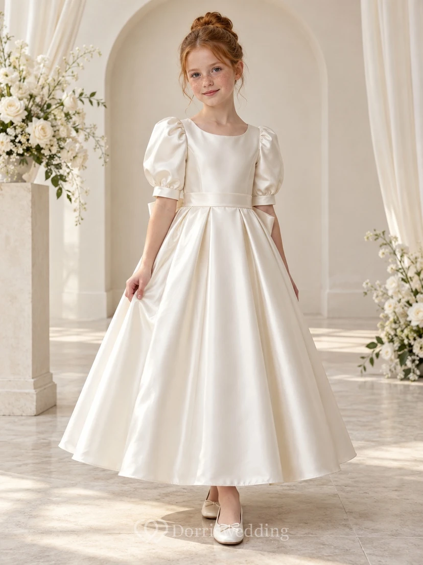 Vintage Simple Ivory A-line Satin Ankle-length Puff-sleeve Bow-back Flower Girl Dress