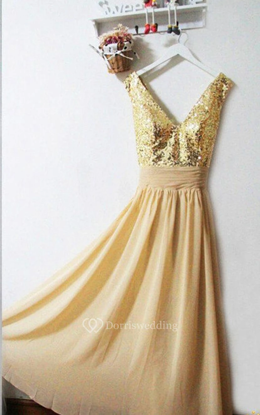 Paillettenkleid aus Chiffon in A-Linie mit goldenem V-Ausschnitt und goldenem Paillettenbesatz view 3