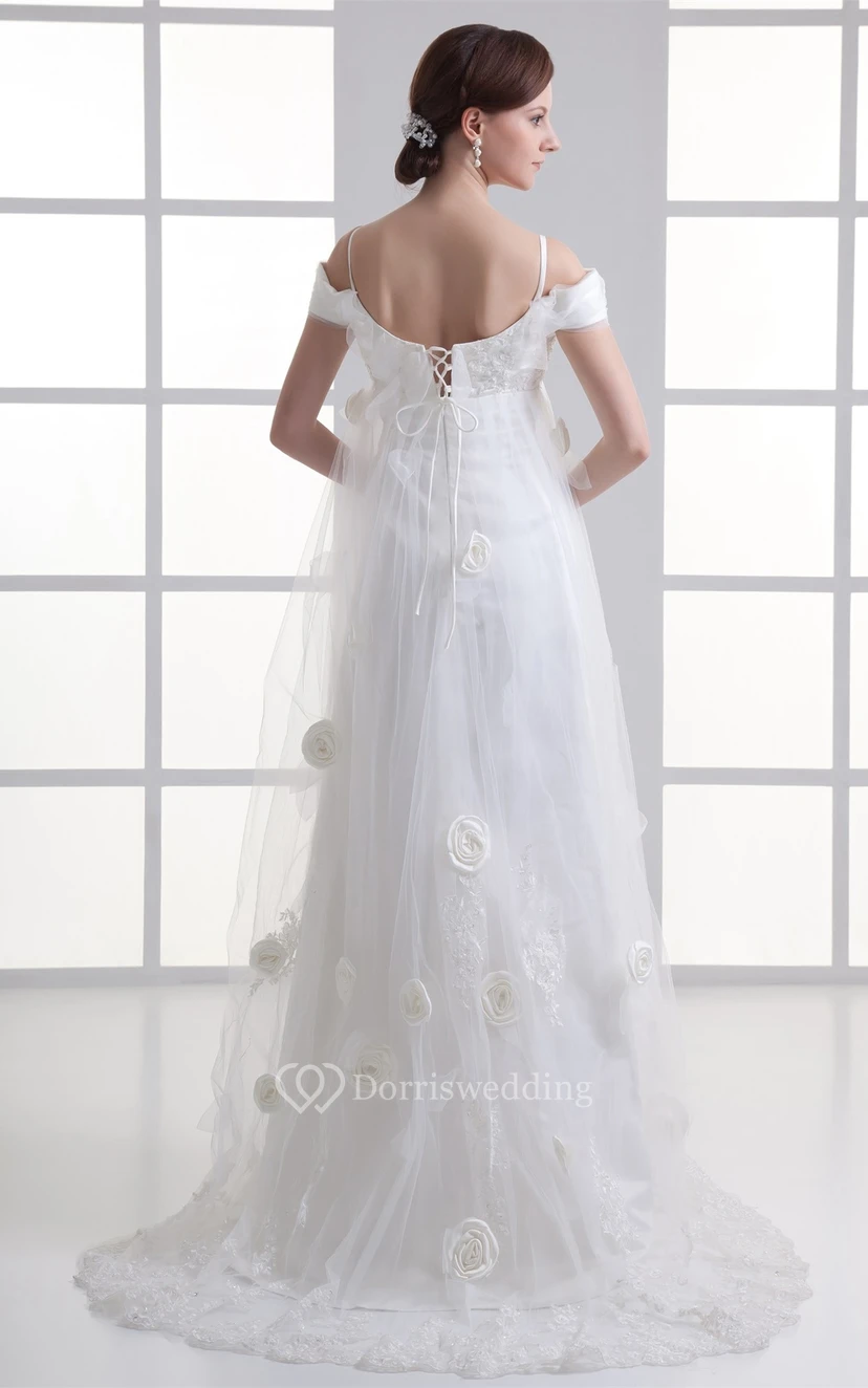Glossy Sleeveless a Line Satin Off the Shoulder Wedding Dresses view 8