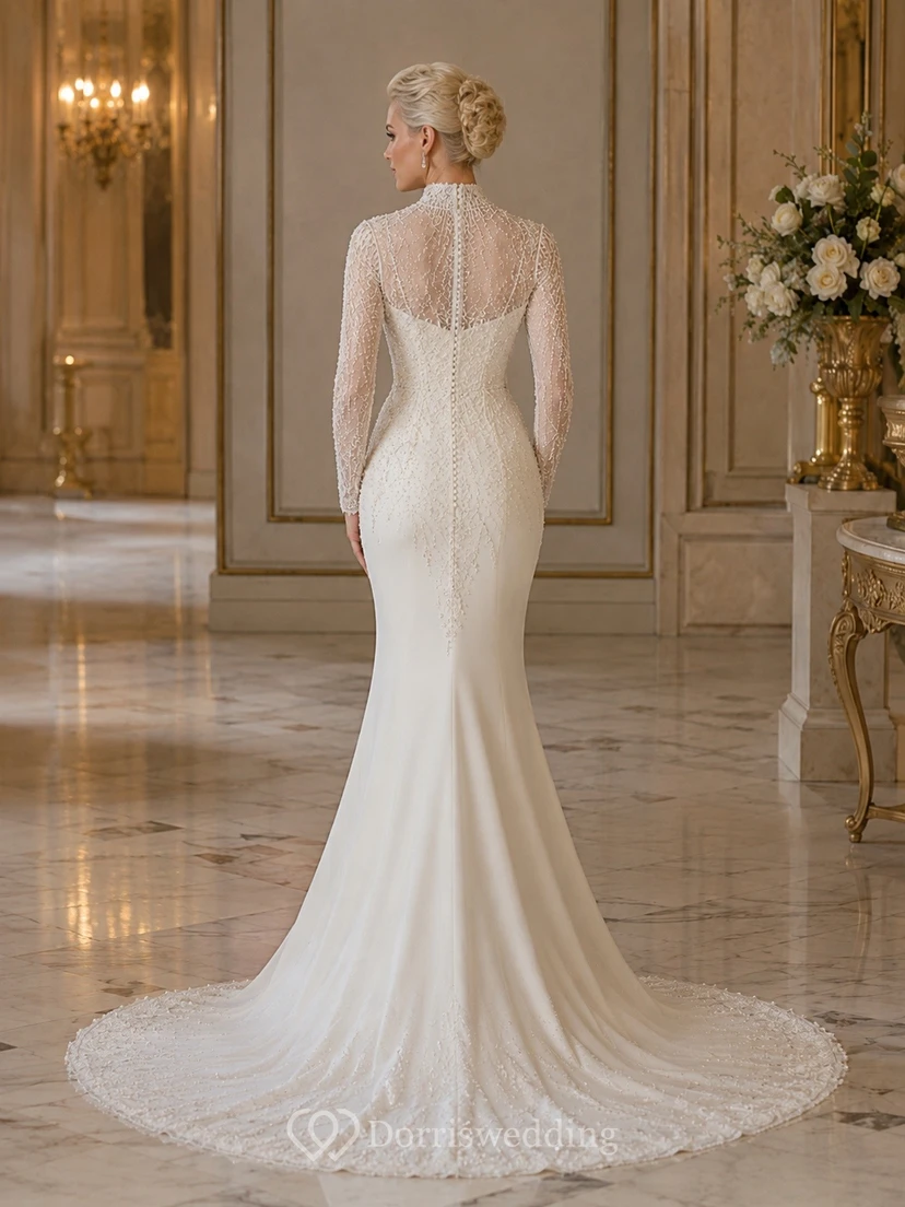 Robe de mariée sirène modeste à manches longues et col montant en dentelle illusion view 2
