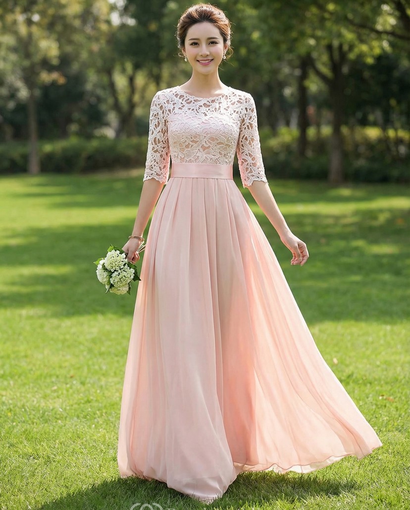 belted bridesmaid dresses Lace Bodice Chiffon Gown while the belted waist boho Maxi dress plus size Style BL359 Maren | Size:ONE
