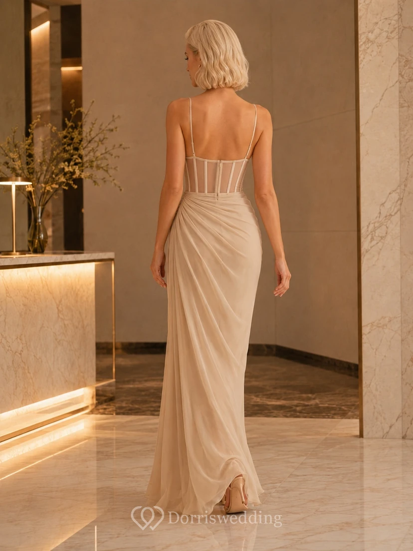 Champagne Chiffon Sheath Cowl Neck Corset Floor-Length Split Formal Dress view 2