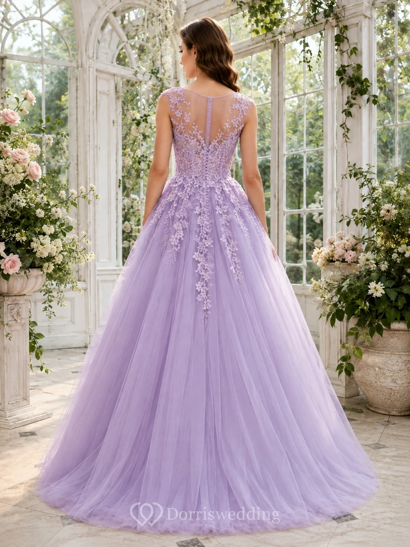 Lavender Sweetheart Sleeveless Tulle Ball Gown Floor-length Floral Reception Dress view 2