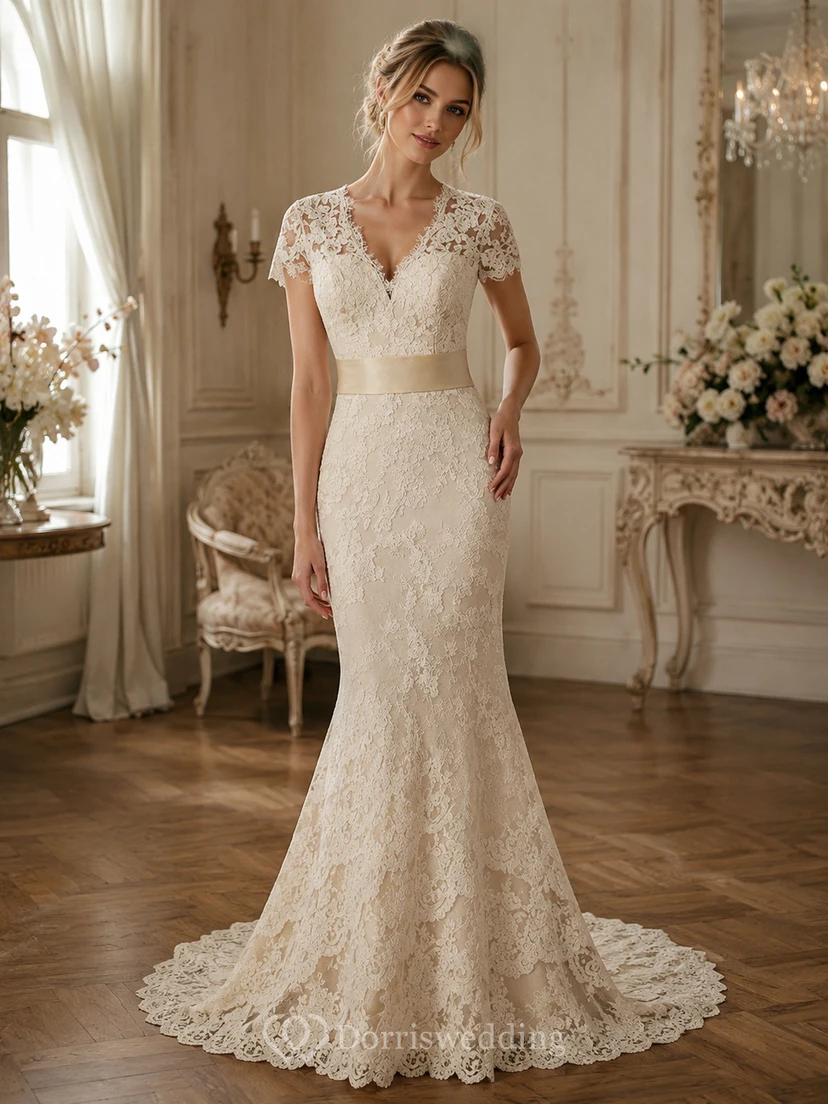 Robe de mariée sirène vintage en dentelle, décolleté en V, dos nu en forme de goutte, avec ceinture et fleur.