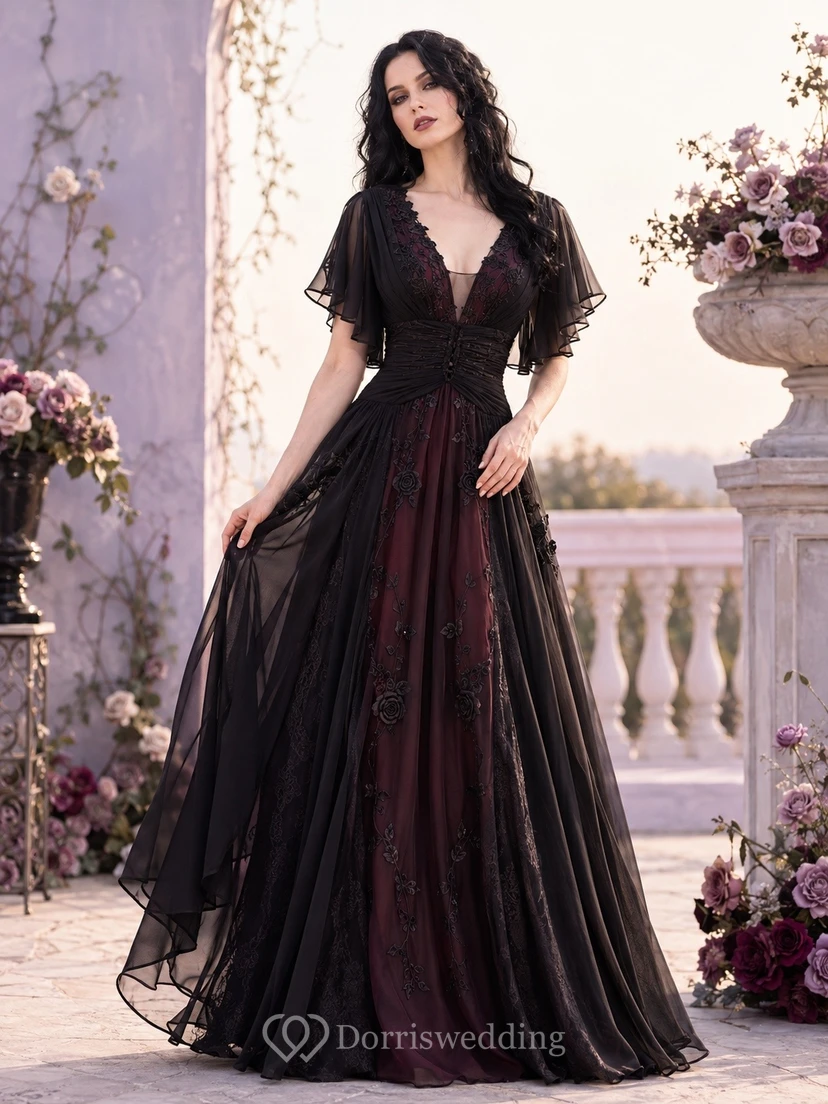 Black V-Neck Short-Sleeve Tiered Tulle A-Line Floor-Length Gothic Dress