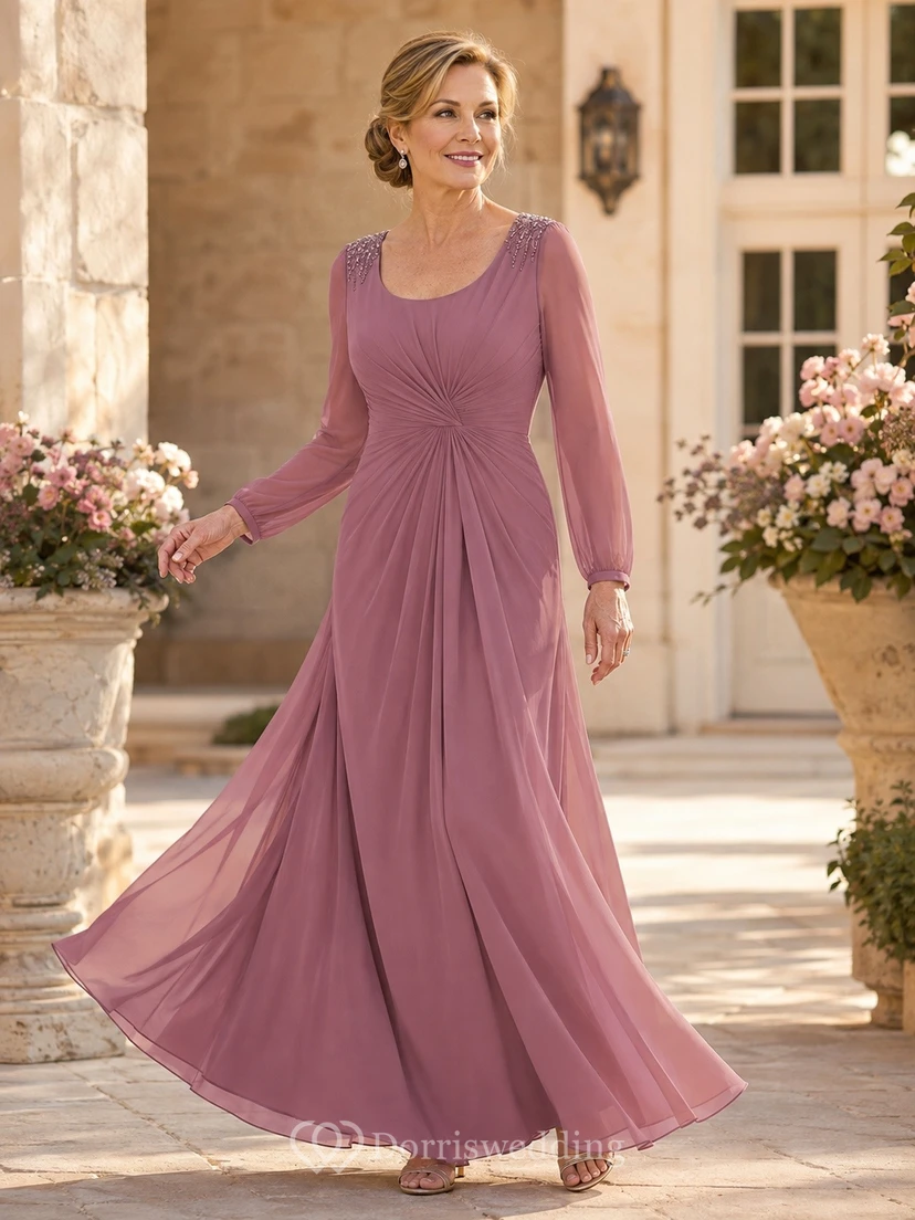 Mutterkleid in Altrosa, langärmelig, fließendes A-Linien-Kleid, bodenlang