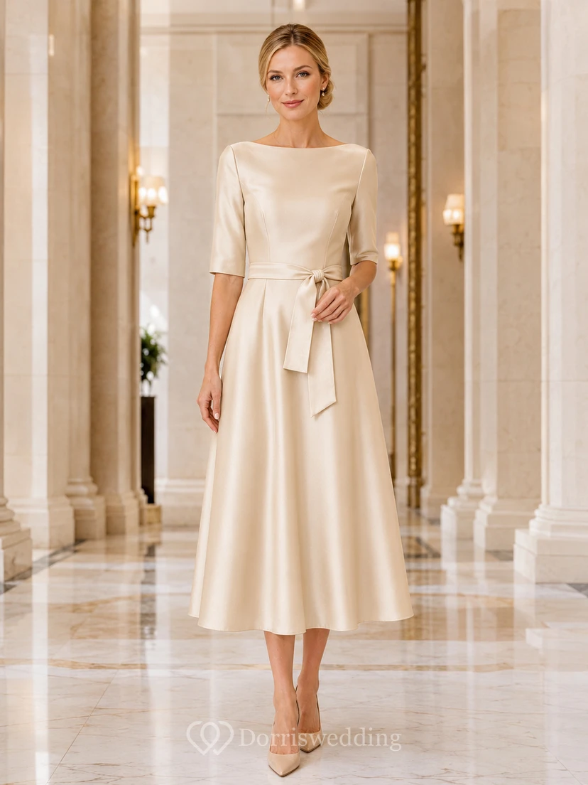 Champagne satin bateau half sleeve belted A-line midi dress