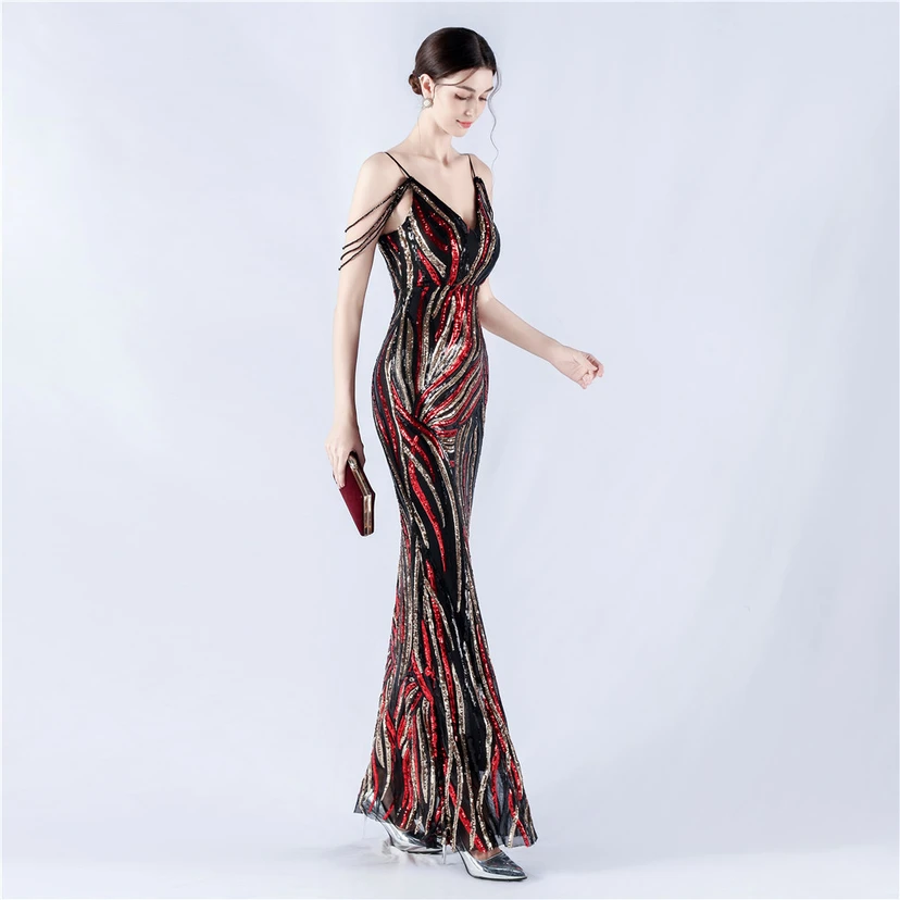 Sequined Striped Color Matching Slim Dinner Host Suspender Long Dress For Women view 13