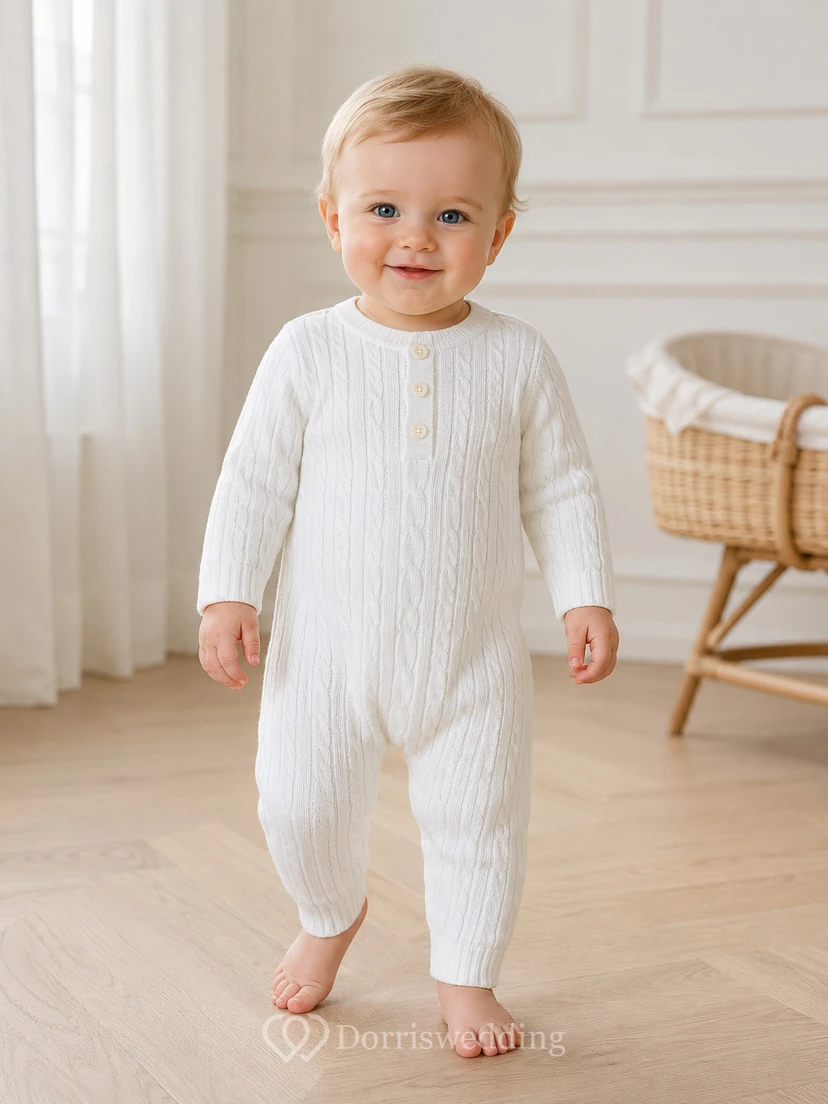 Weißer, gerippter Baby-Strampler mit Knöpfen und langen Ärmeln, Aufdruck „Blessing“ für Jungen