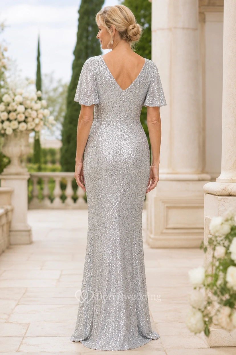 MOB-Kleid, silberfarben, paillettenbesetzt, Etuikleid mit flatternden Ärmeln, V-Ausschnitt, bodenlang view 2