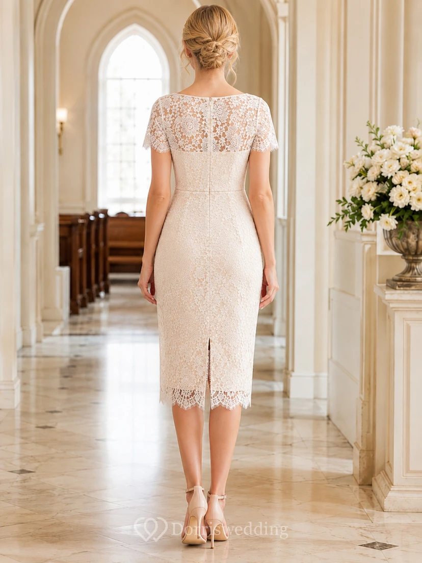 Cream Lace Illusion Short Sleeve Pencil Ceremony Midi Dress view 2
