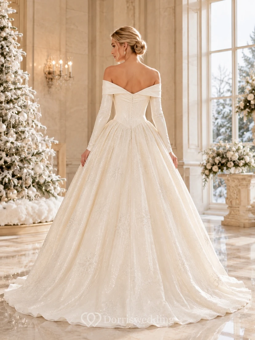 Ivory Luxury Off-the-shoulder Long Sleeve Sequined Tulle Ball Gown Floor-length Winter Formal Dress view 2