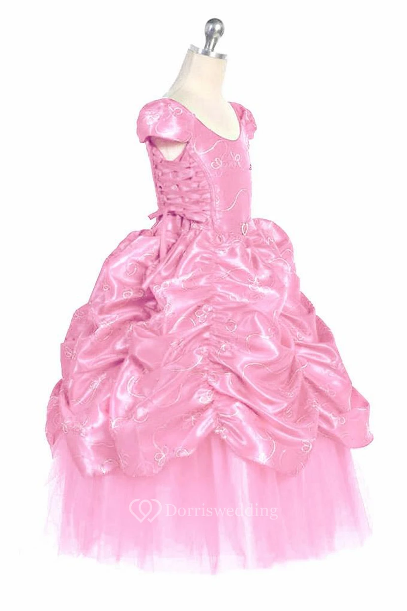 Ankle-Length Embroideried Tiered Lace&Taffeta Flower Girl Dress With Broach view 3