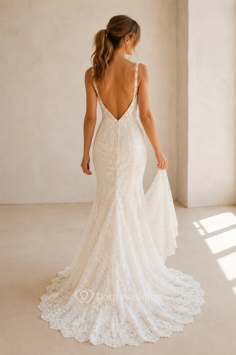 Wedding Mermaid Lace Dress with V-Neck Straps and Chapel Train view 2