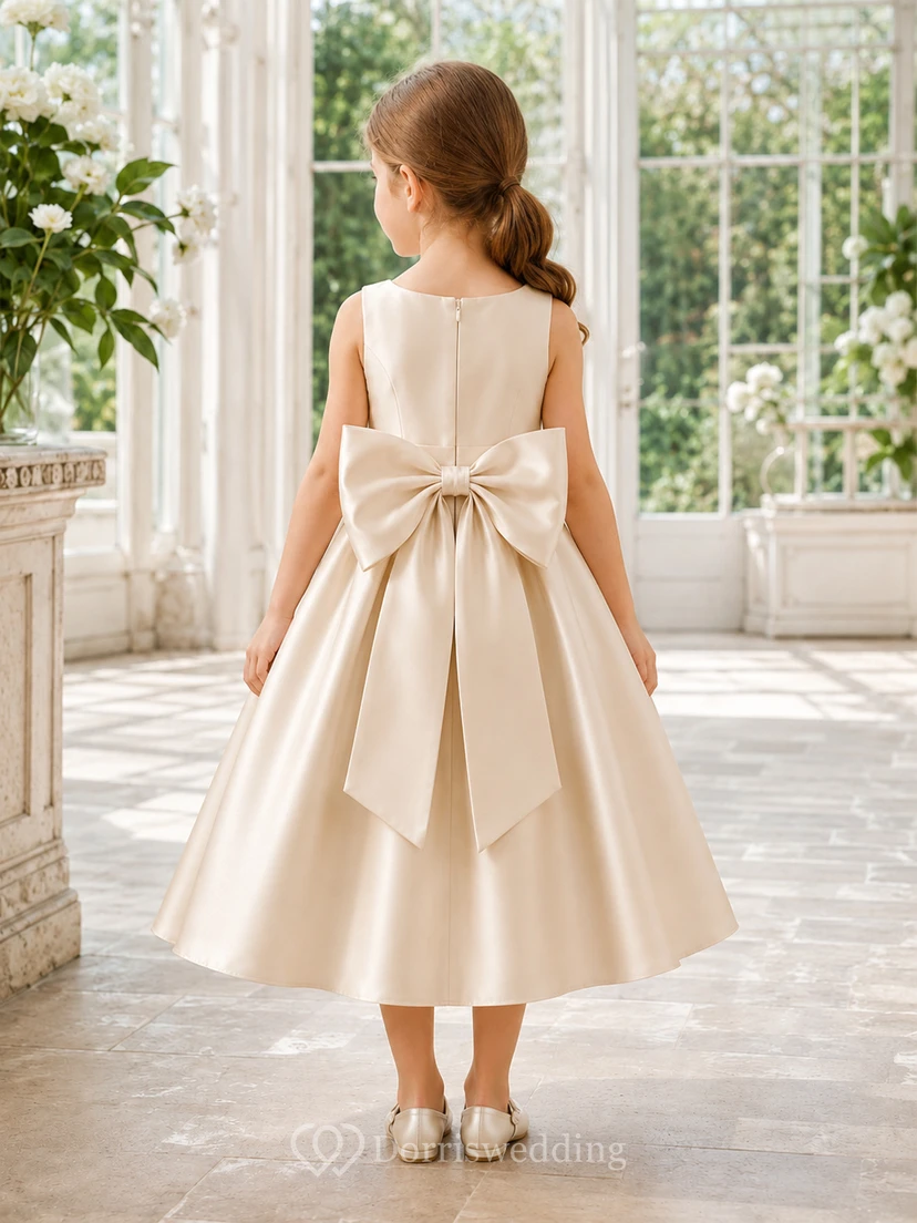 Flower Girl Dress Ivory Satin A-Line Square Neck Tea Length Bow Detail view 2
