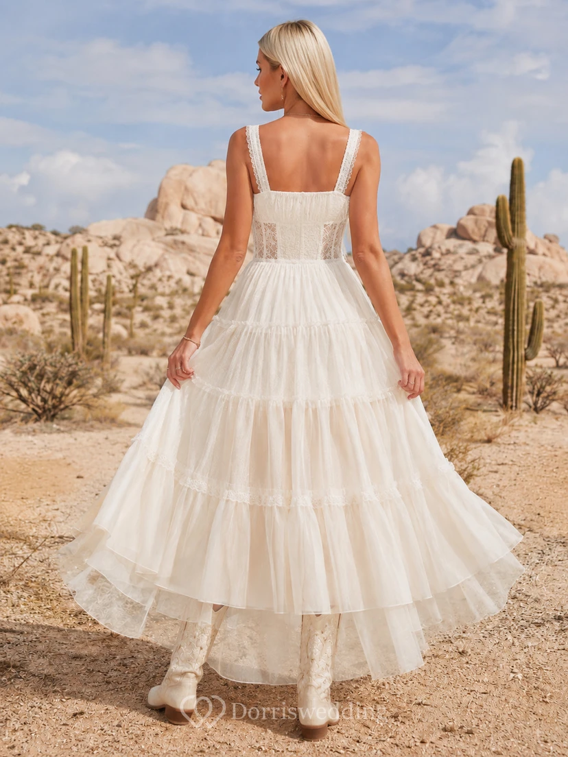 Tiered High-Low A-Line Bridal Dress with Square Neck Straps and Ruffle Skirt Romantic Casual