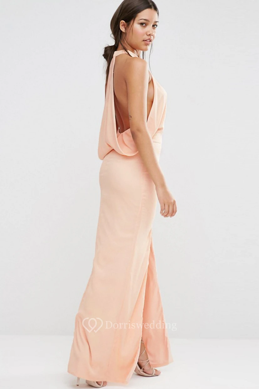 Sheath High-Neck Sleeveless Long Split-Front Chiffon Bridesmaid Dress view 4