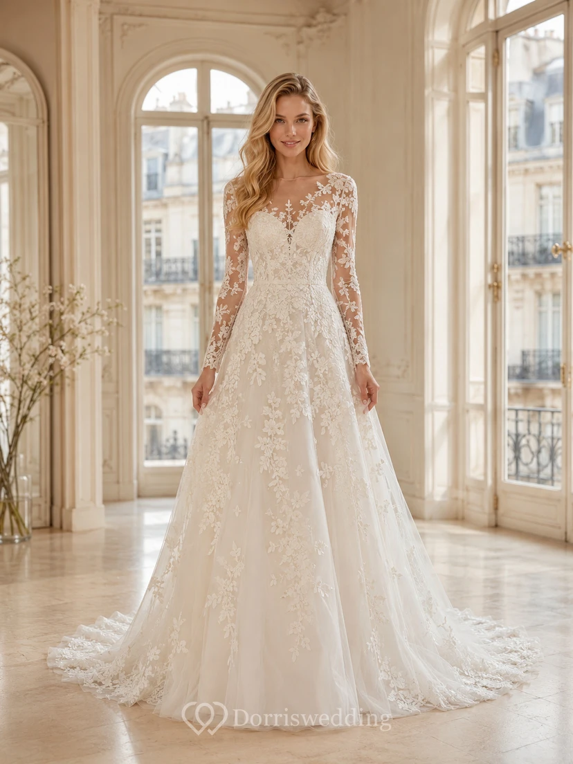 Robe de mariée Gallery Bridal impeccable en dentelle et tulle illusion, col montant, manches longues transparentes, coupe trapèze, traîne chapelle, ornée d'appliqués floraux.