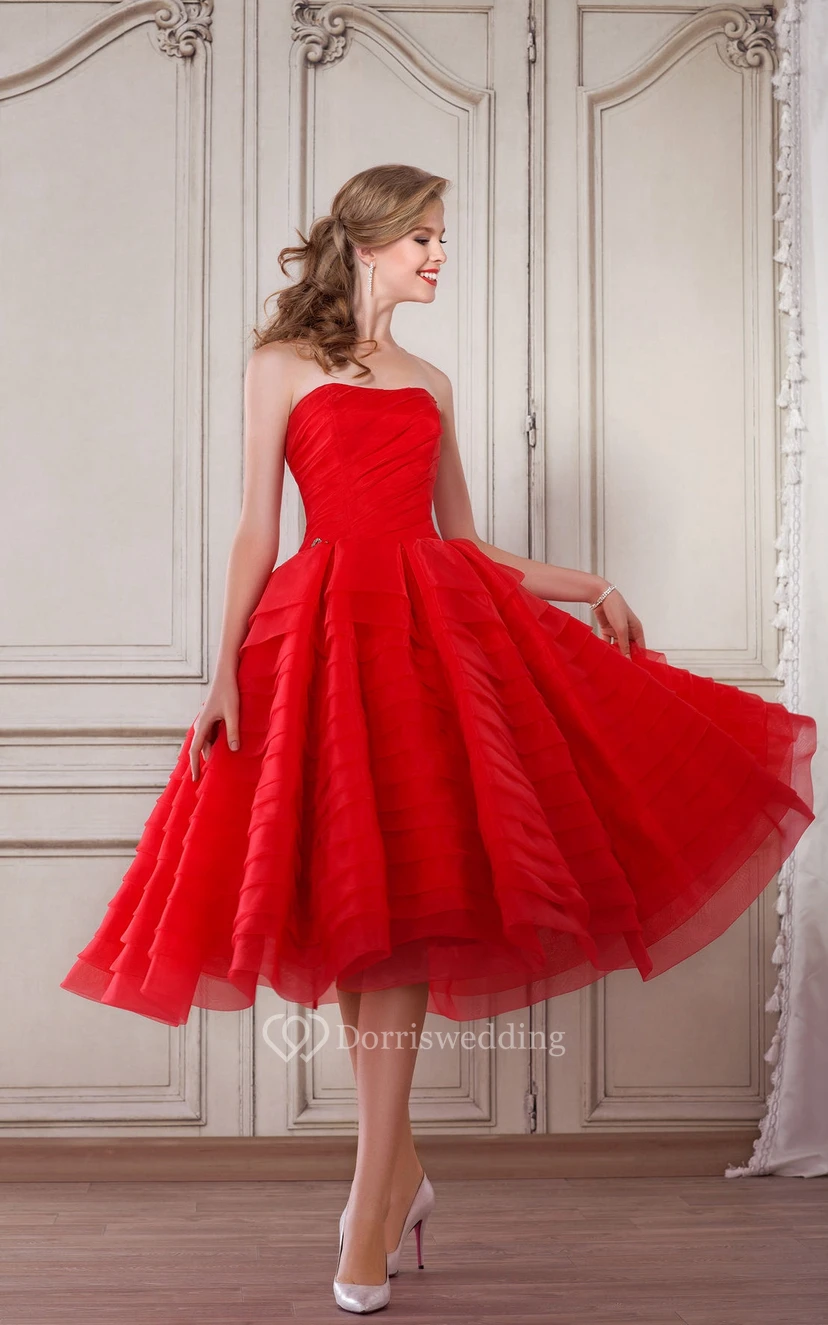 A-Linien-Kleid in Teelänge, trägerlos, ärmellos, aus Organza, gerafft, mit Falten und Reißverschluss