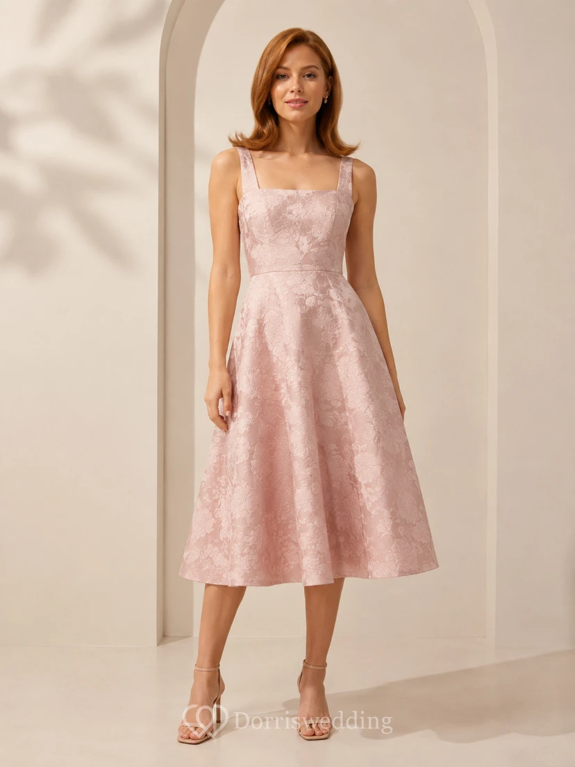 Robe trapèze mi-longue en dentelle florale rose poudré à col carré