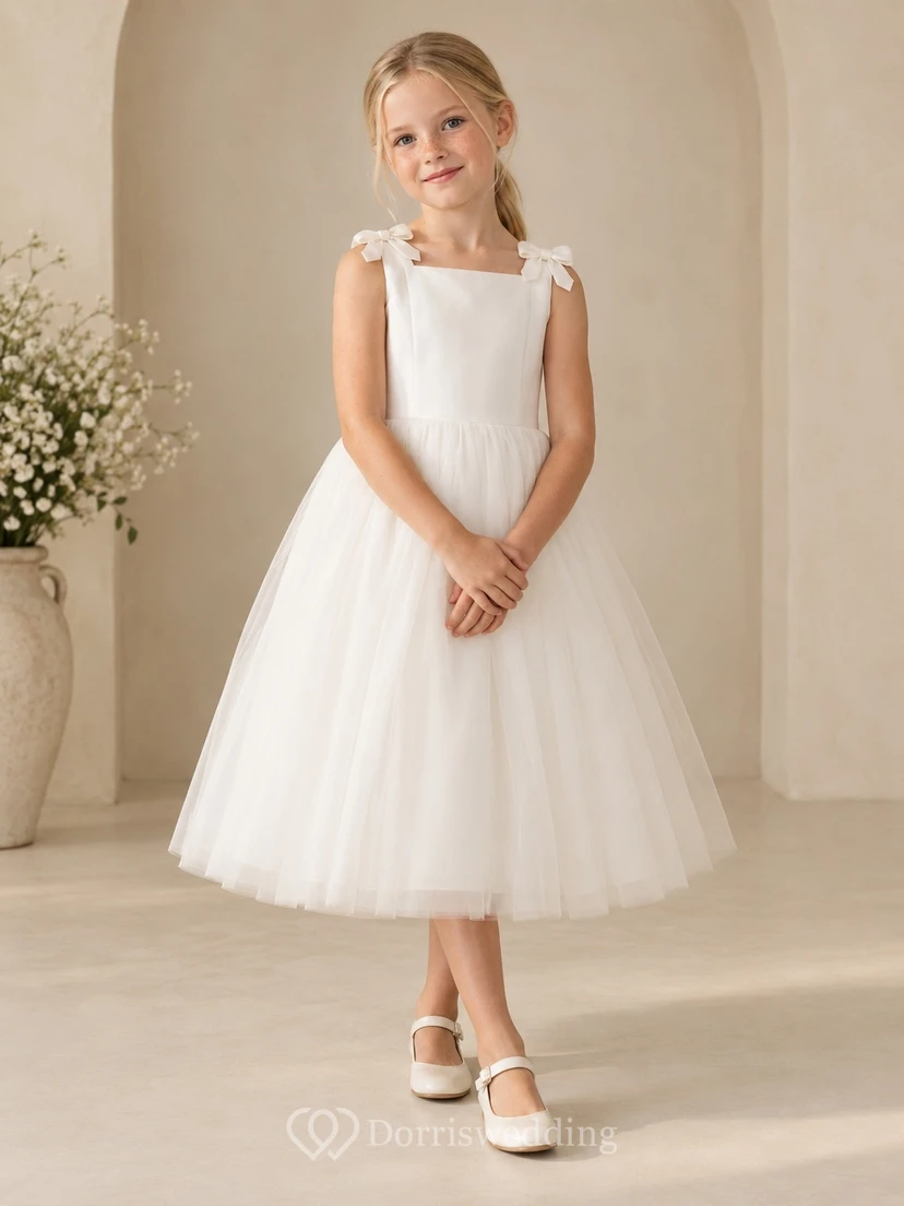 Simple Modest Square Neck White Tea-length Wide Bow Full Tulle Flower Girl Dress view 2