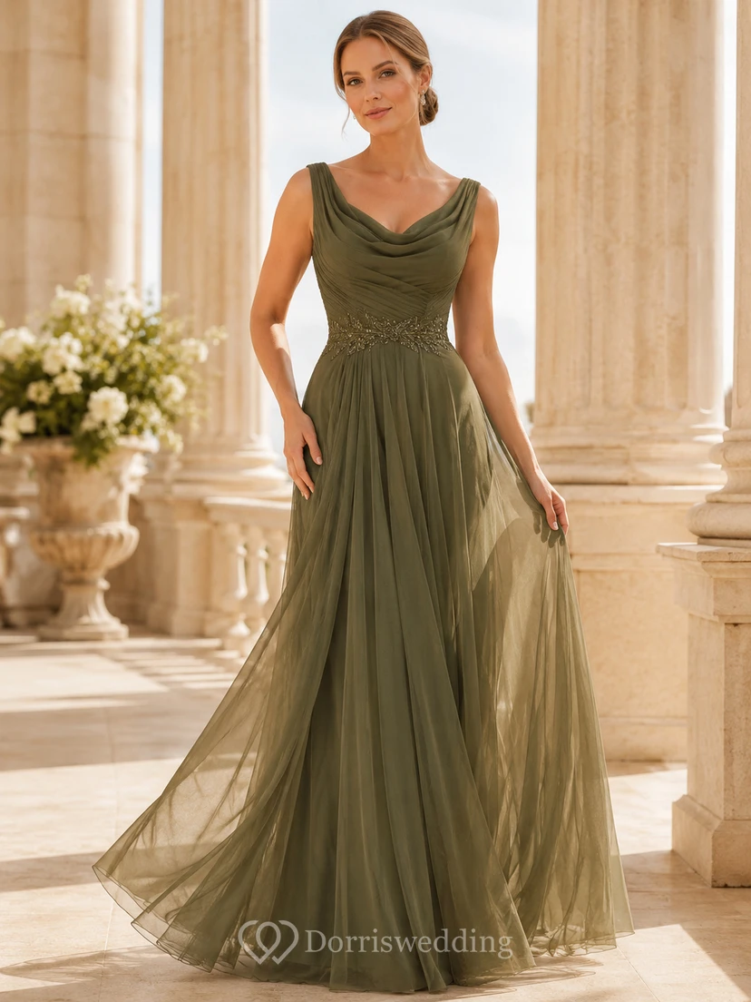 Elegante vestido de noche formal largo hasta el suelo, de corte A, sin mangas, con escote drapeado, espalda en V profunda y cuello en A, color verde oscuro.