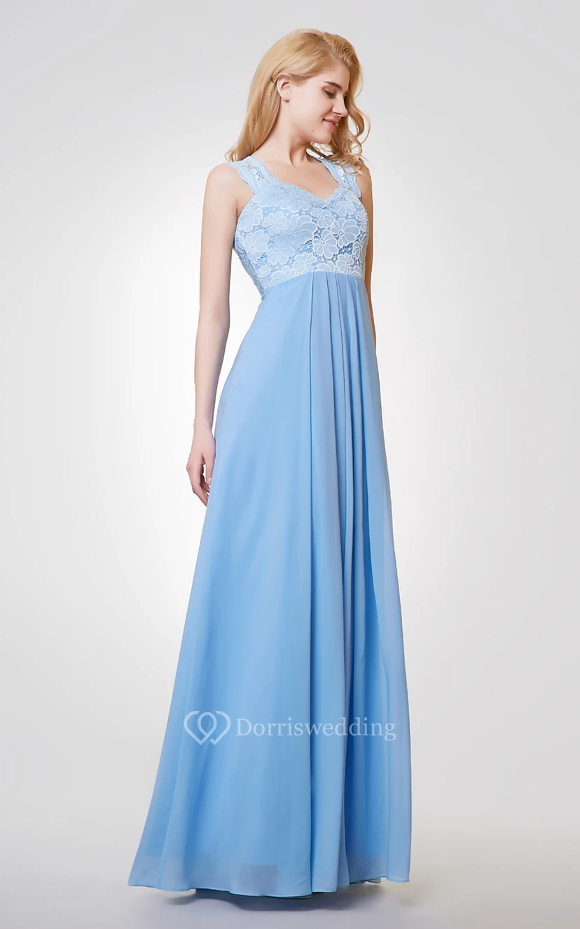 Langes A-Linien-Kleid aus Chiffon und Spitze mit Trägern view 3
