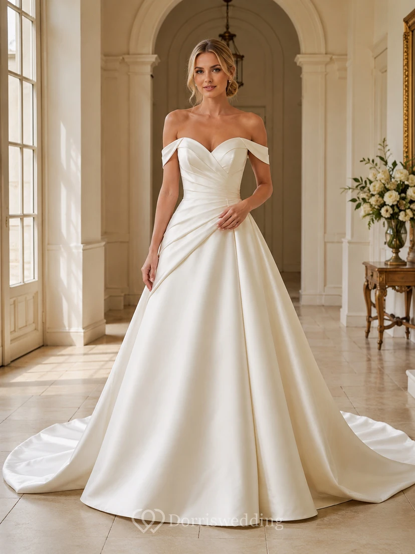 Vestido de novia de satén, estilo princesa, sin hombros, manga corta, cola de corte.
