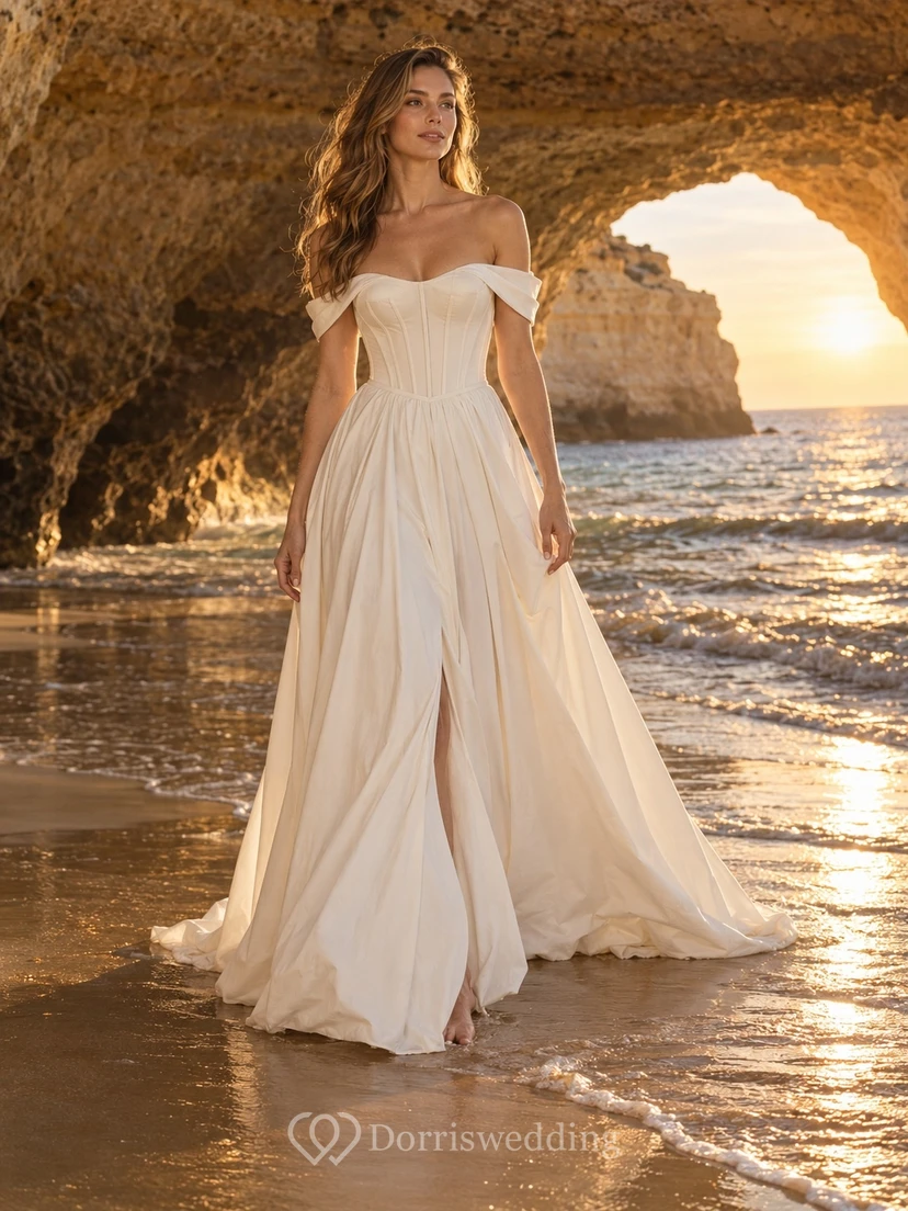 Vestido de novia de gala con corsé de popelina de algodón con hombros descubiertos y cintura natural